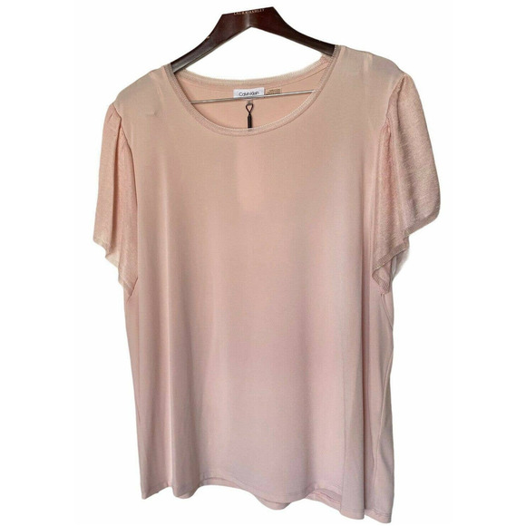 Calvin Klein Women's Top Size 2XL Short Sleeves Embellished Flutter Pink New - Picture 1 of 12